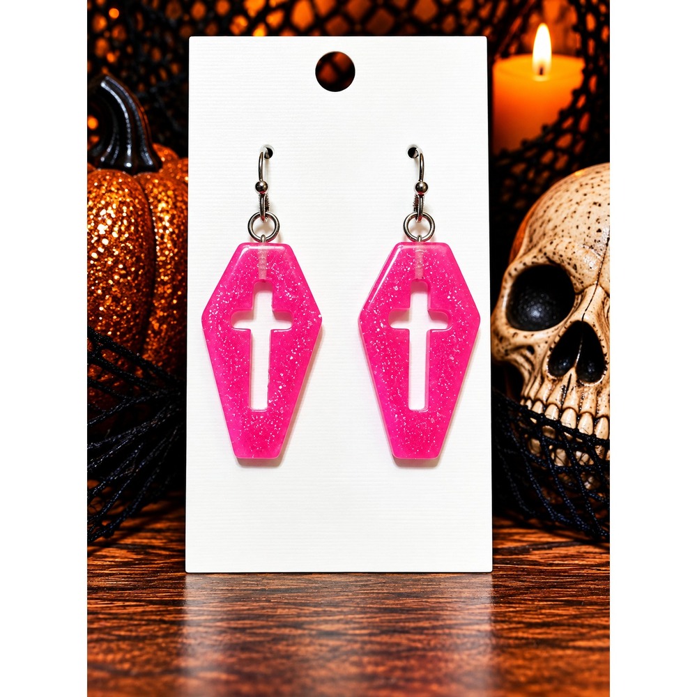 Glitter Resin Coffin Cross Earrings Gothic Halloween Dangle Earrings Handmade